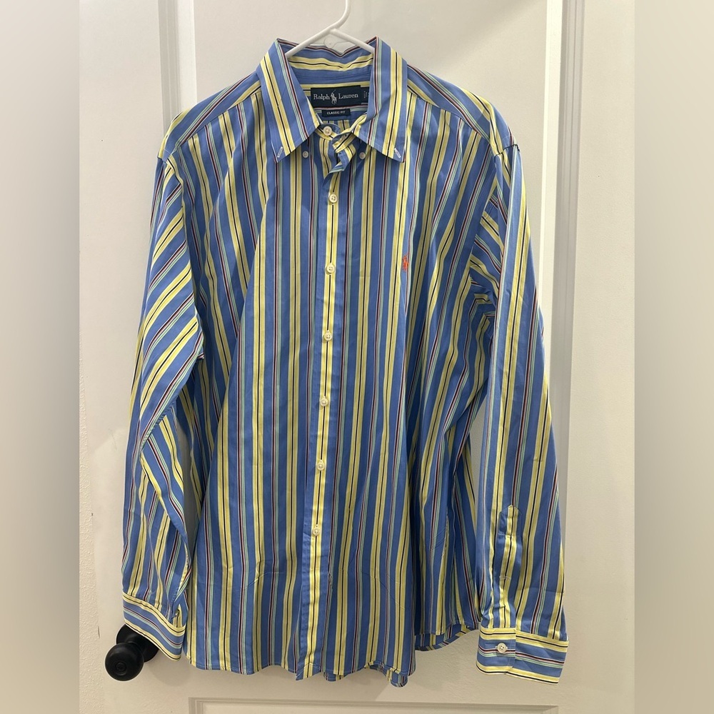 Ralph Lauren Men's Blue and Yellow Striped Button Down Dress Shirt Size XL EUC